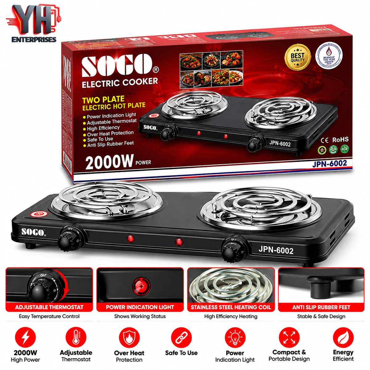 Sogo JPN-6002 Double Burner Electric Stove with Auto Thermostat, Overheat Protection and Anti-Slip Rubber Feet in Pakistan | YH Enterprises