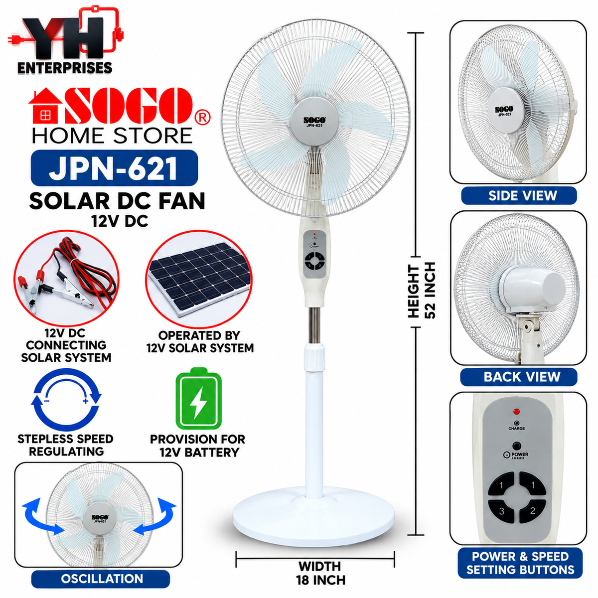 Sogo JPN-621 Solar DC 12V Floor Fan with Oscillation, ABS Body and Solar or Battery Operation in Pakistan | YH Enterprises