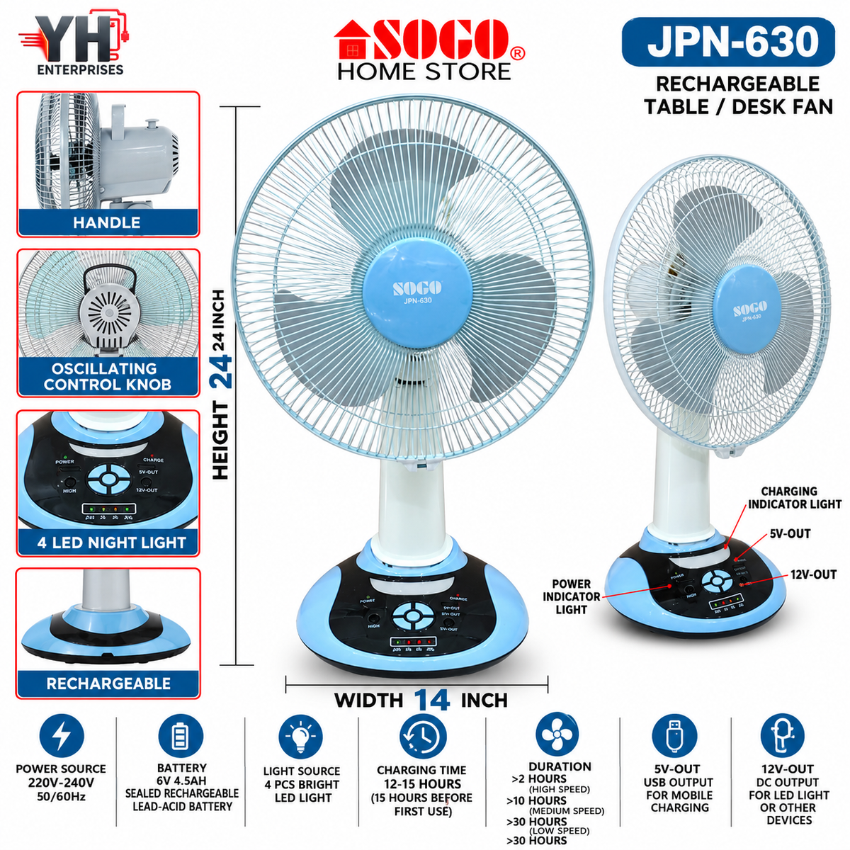 Sogo JPN-630 Rechargeable Table Desk Fan with 4 LED Lights, 180 Degree Oscillation and Rechargeable Battery in Pakistan | YH Enterprises