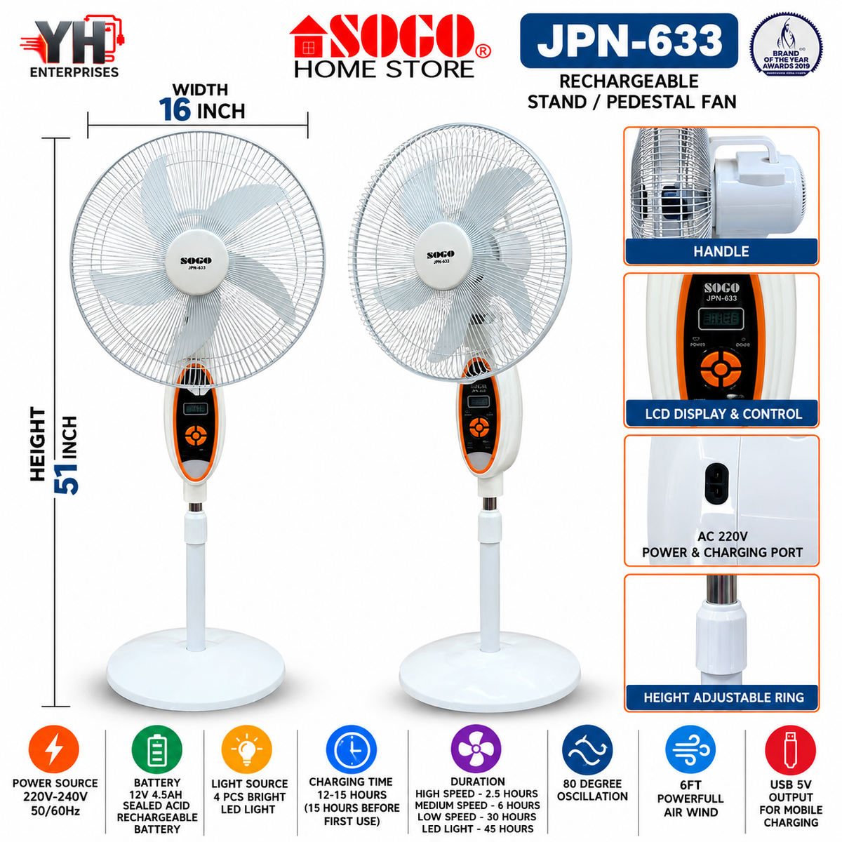 Sogo JPN-633 Rechargeable AC/DC Floor Fan with 80 Degree Oscillation, 4 LED Lights and LCD Display in Pakistan | YH Enterprises