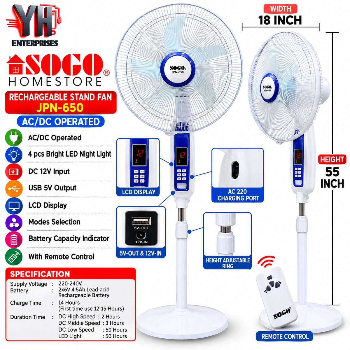 Sogo JPN-650R Rechargeable AC/DC Floor Fan with Remote Control, LCD Display and Four LED Night Lights in Pakistan | YH Enterprises