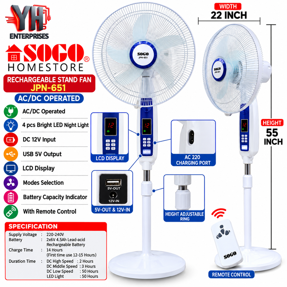 Sogo JPN-651 R Rechargeable AC/DC Floor Fan with Remote Control, LCD Display and Four LED Night Lights in Pakistan | YH Enterprises