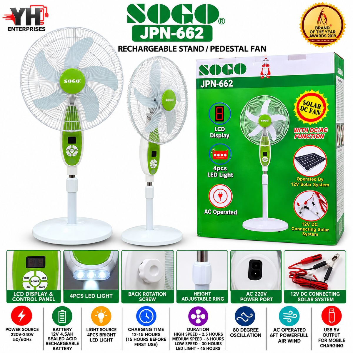 Sogo JPN-662 Solar AC/DC Floor Fan with LCD Display, 4 LED Lights and 12V Solar System Compatibility in Pakistan | YH Enterprises