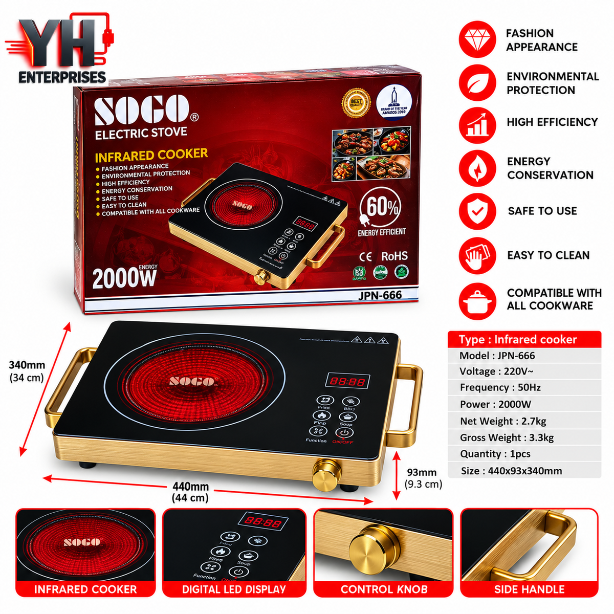 Golden Sogo JPN-666 2000W Infrared Electric Cooker with Ceramic Heating Plate and Touch Control Panel in Pakistan | YH Enterprises