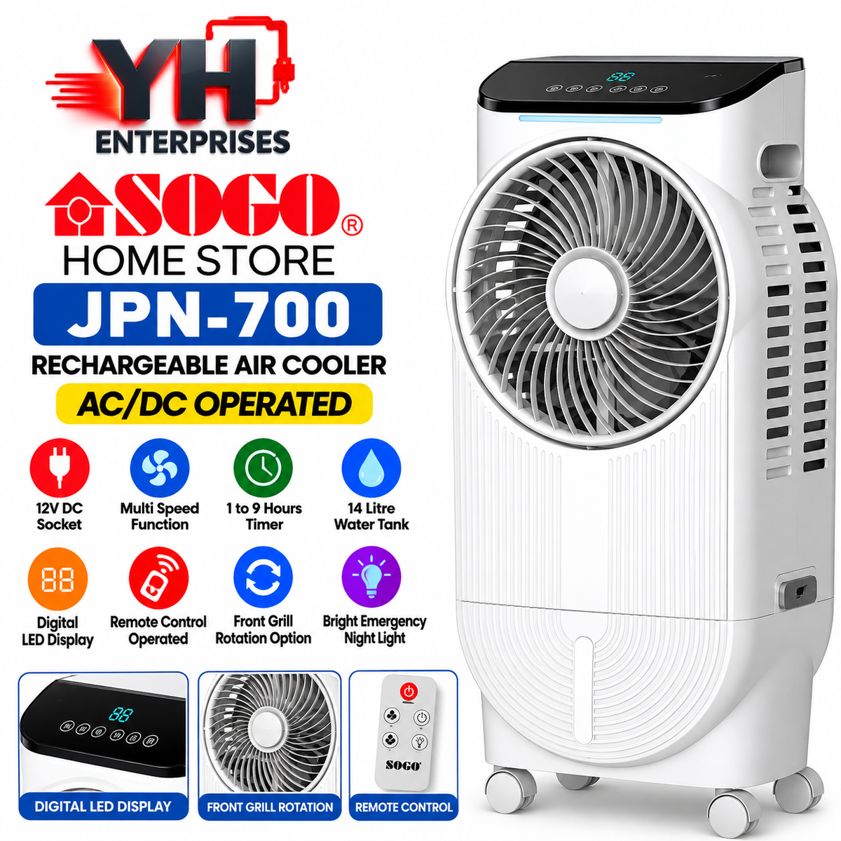 Sogo JPN-700 Rechargeable AC/DC Air Cooler with 14 Litre Water Tank, Remote Control and 12V Battery in Pakistan | YH Enterprises