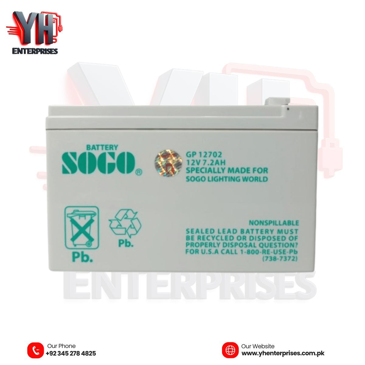 SOGO Rechargeable Dry Battery 12V 7.2Ah Reliable Power Backup for Everyday Essentials - yhenterprises