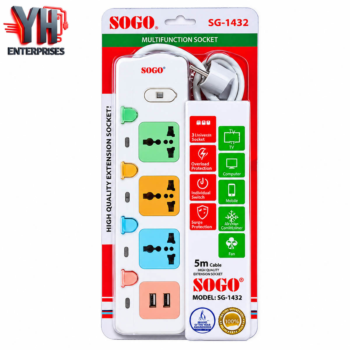 Sogo SG-1432 Extension Socket with 5 Meter Cable, Individual Switches, Copper Conductor and 2 USB Ports in Pakistan | YH Enterprises