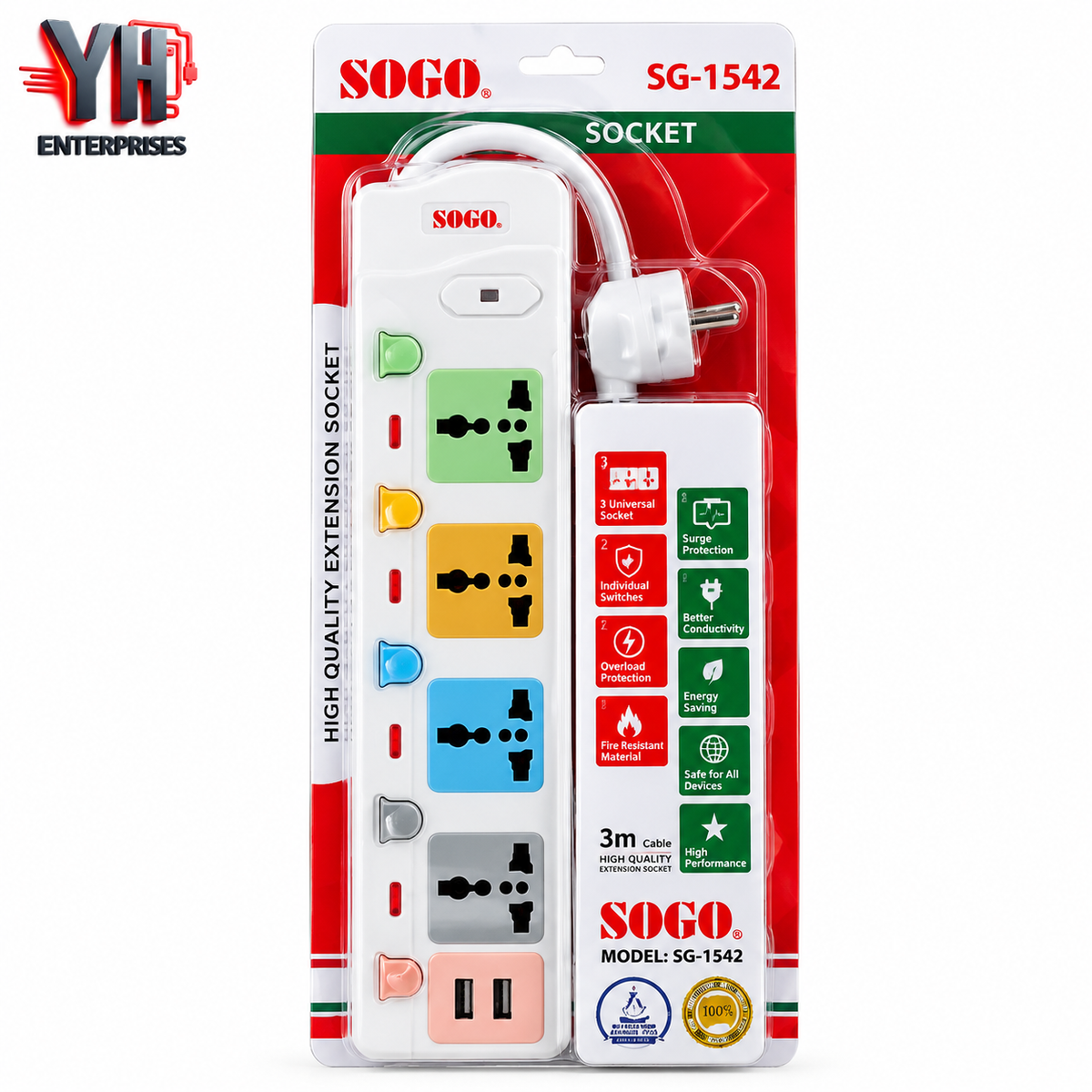 Sogo SG-1542 Extension Socket with 5 Meter Cable, Individual Switches, Pure Copper Conductor and 2 USB Ports in Pakistan | YH Enterprises